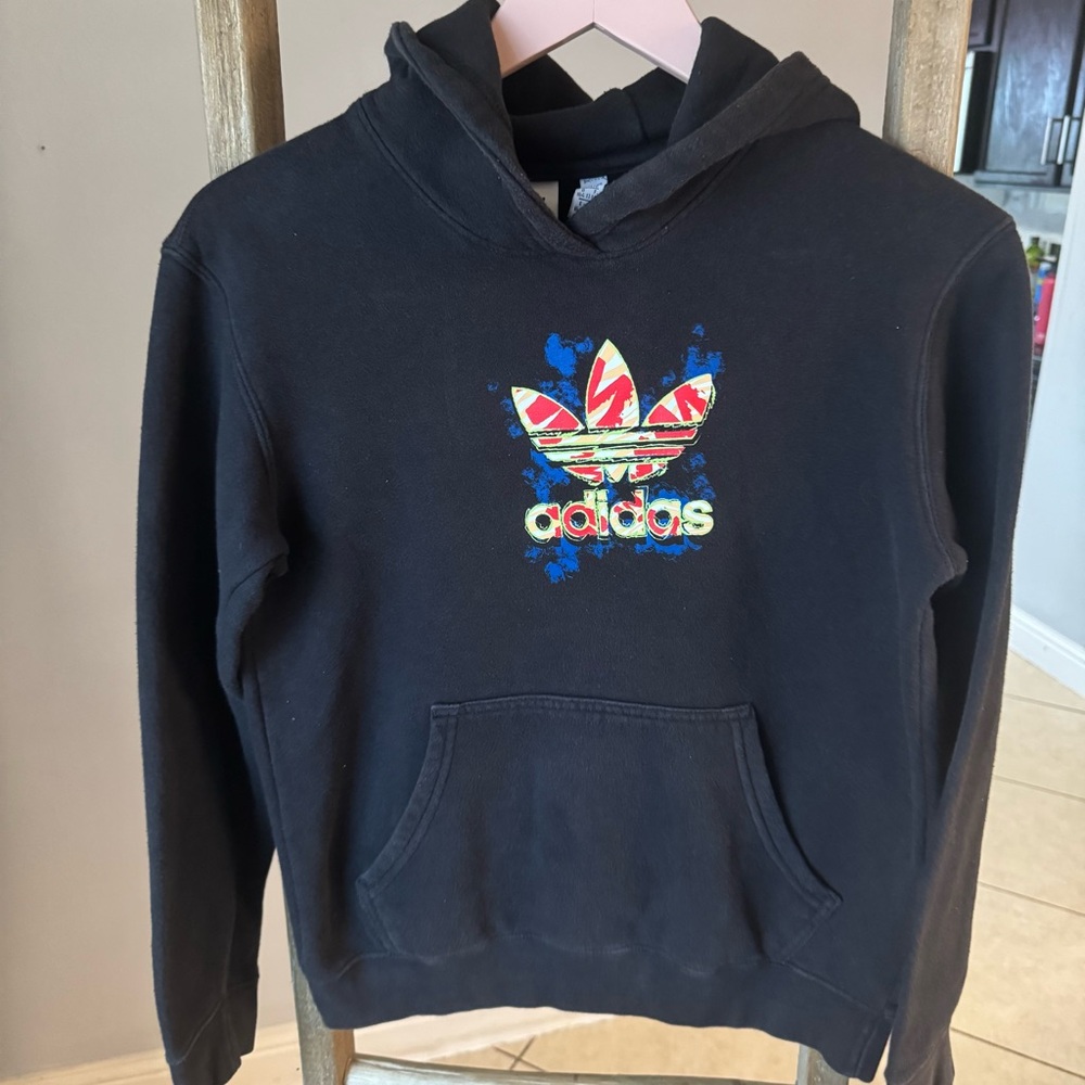 Adidas Boys black hooded pullover sweatshirt size Large 13-14
great condition